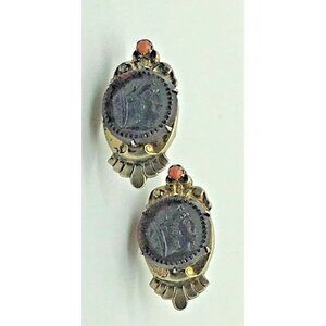 Victorian Sterling Silver Cameo Roman Greek Goddess Screw Back Earrings Coral